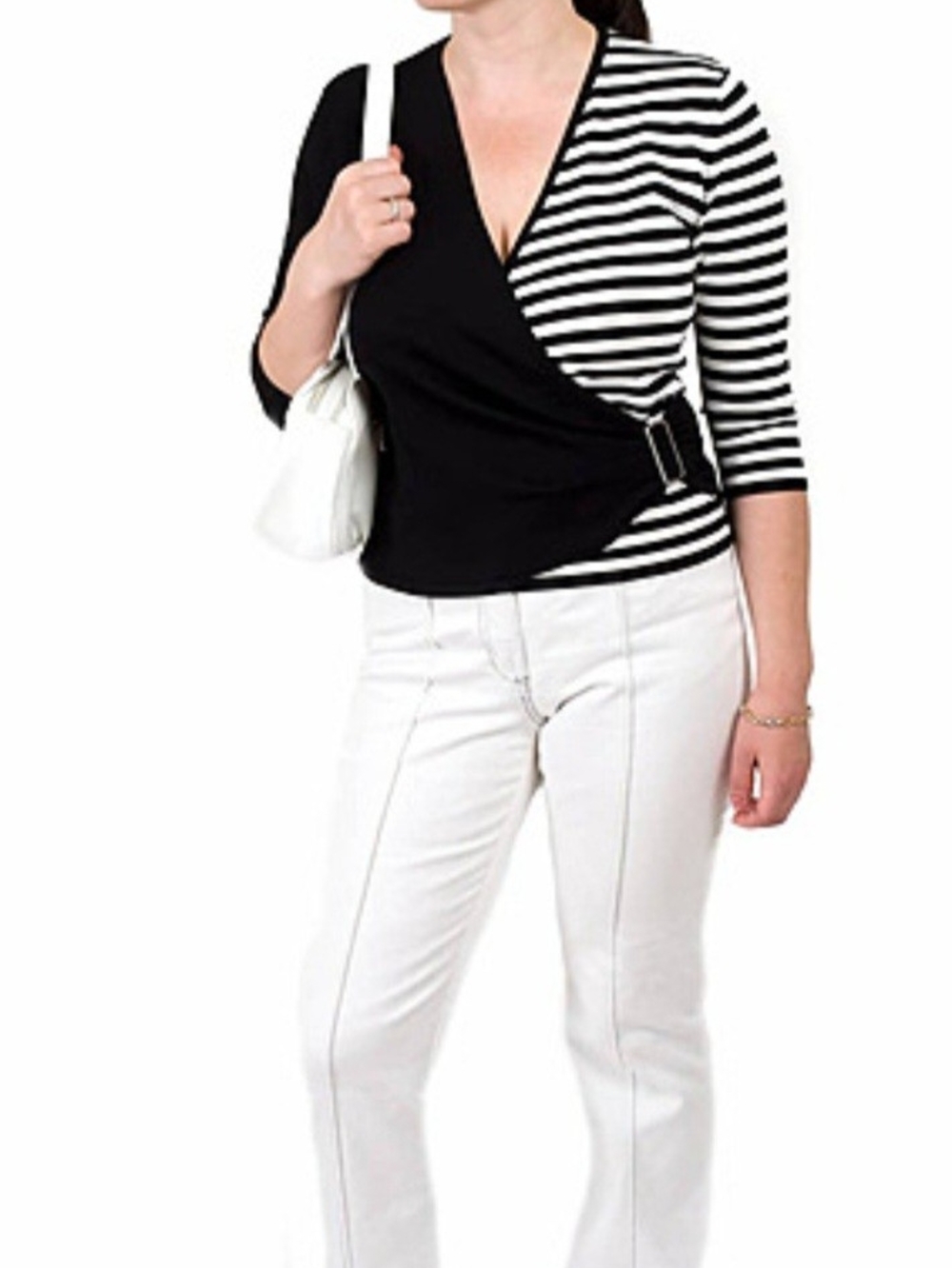 Ruby Cho Black & White Striped Wrap Blouse with Side Buckle Size Large